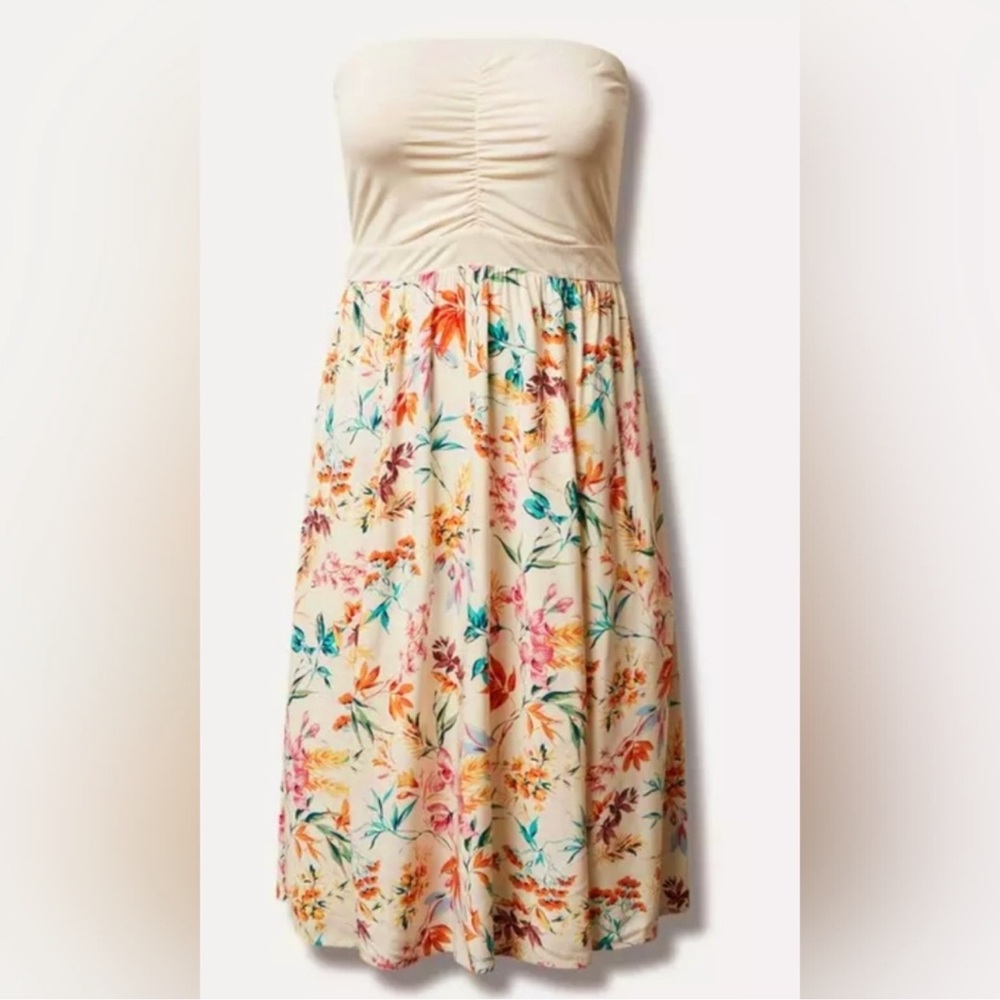 Torrid Cream and Floral Strapless Dress